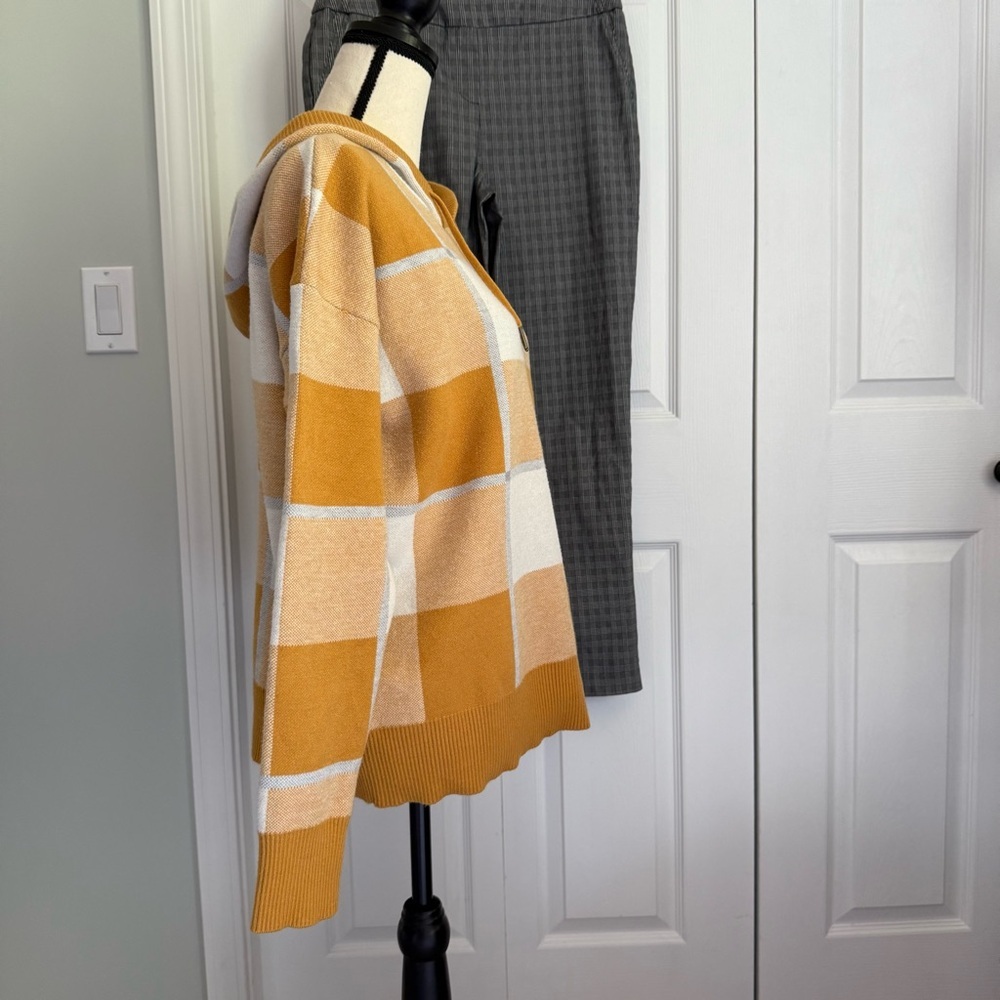 RACHEL Rachel Roy Mustard‎ Yellow Plaid Hooded Knit Sweater Size M Cottagecore - Picture 3 of 8